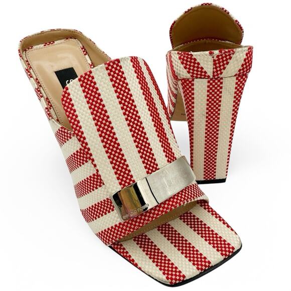 Sergio Rossi SR1 Red Stripe Canvas Mule Block Heel Slide Sandals Size EU 36 US 6 - Picture 12 of 13